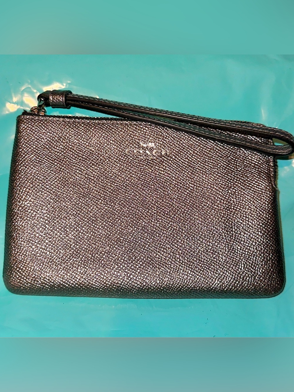 EUC Coach dark gray Pebbled Leather Wristlet with Strap
